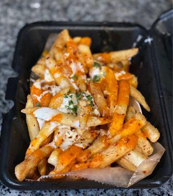 Fire fries and yes they are fire as in hot as fuck! Lol But so addicting!! And the blue cheese dressing on it is perfect!! I loved!