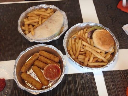 Chicken gyro, pizza burger mozzarella sticks