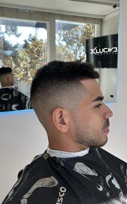 Bald fade with beard line up and eyebrows