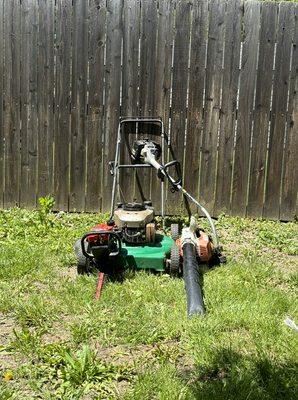 Tools we use to mow, weed eat ,trim bushes and blow away leaves or excess grass