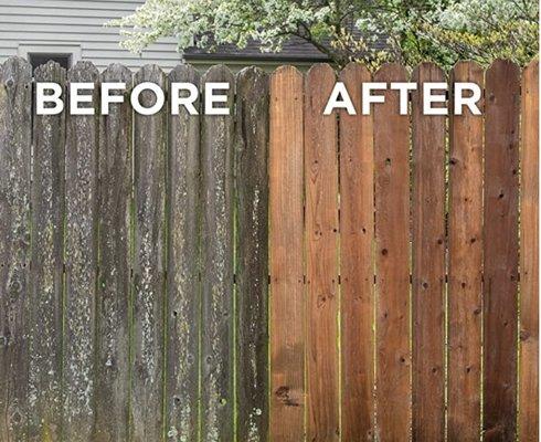 Pressure wash wood fence, before and after.