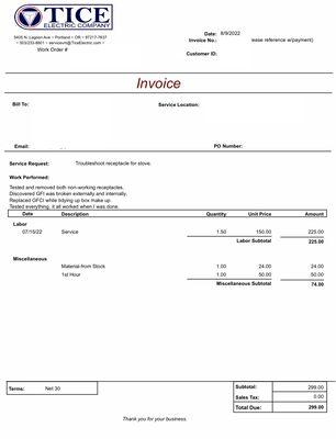 Copy of my invoice.  1.5 hours and $300 to replace an outlet.  Be aware