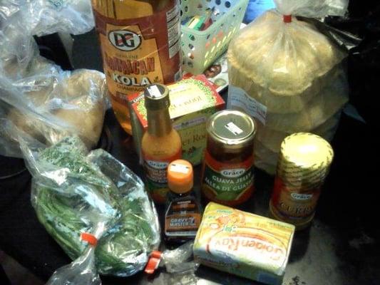 Walnut Supermarket haul: frozen beef patties, shado beni, thyme, guava jelly, and more.