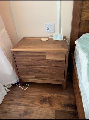 New walnut nightstand and a bed