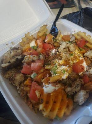 large loaded buffalo waffle fries with grilled chicken