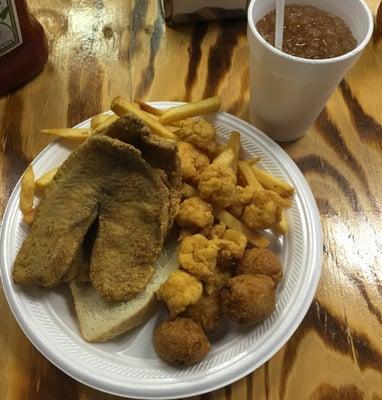 #14 Tilapia and shrimp with hush puppies.