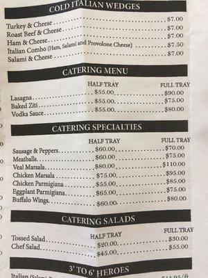 Catering and cold wedge menu