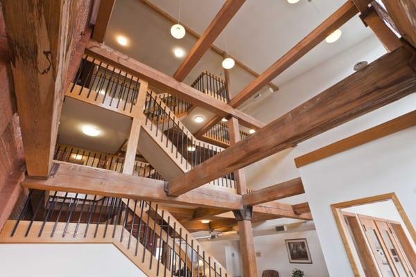 Amazing lobby with exposed brick and wood bearms