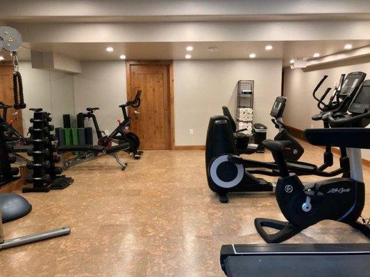 Fitness Center witih treadill, elliptical, Peloton bike, weight machine, free weights and more