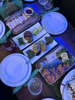 Les Assiettede Poisson Assorti (right) Tuna Tartar (2nd from the left) Avocado Salad (3rd from the left) Les Charcuterie Assorti (left)