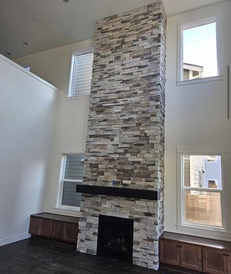 Interior dry stack fireplace