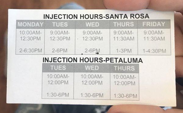 Current injection hours for the Santa Rosa and Petaluma offices.