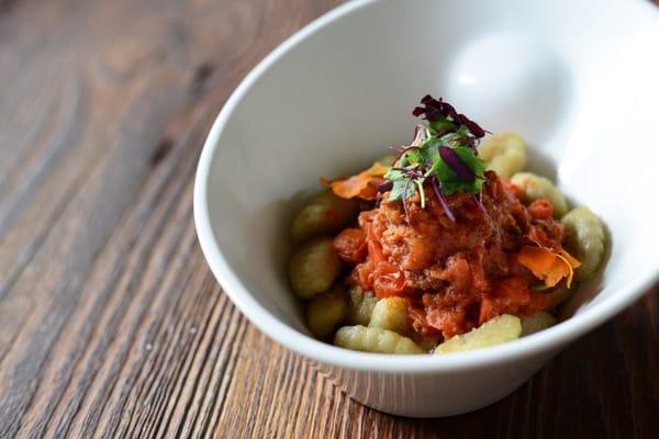 Gnocchi with charred root vegetables and smoked beef bourguignon