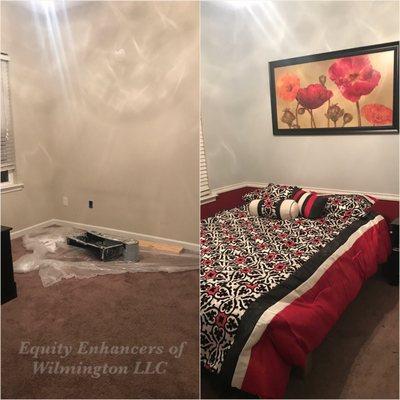 Before and After of bedroom with new paint, trim, and custom built floating bed.