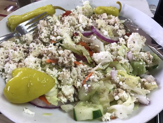 Greek salad ordered w no olives and extra feta. Probably didn't need the extra feta as there was a ton! Delicious!!