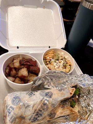 Beef gyro with pasta salad & red potatoes.