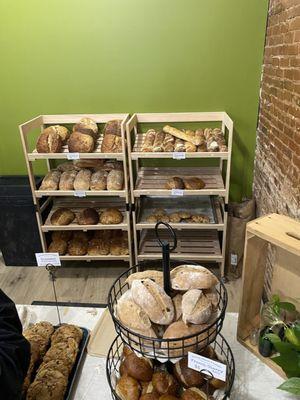 The interior of Red Oak Bakery with sour dough, country wheat and baguettes