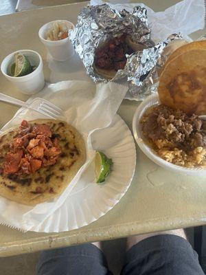 Carnitas pupusa, tripa taco, beans and rice