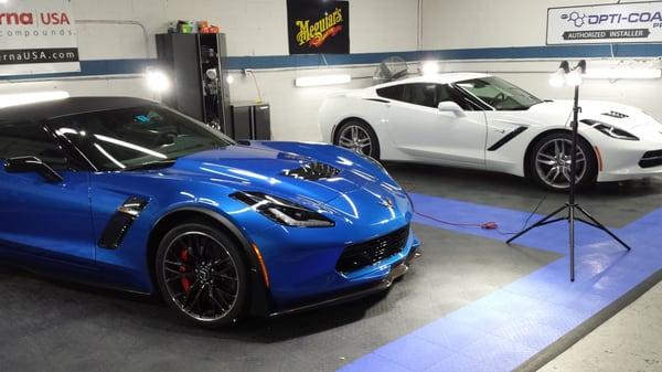 Pair of Corvettes in the shop for Xpel paint protection film