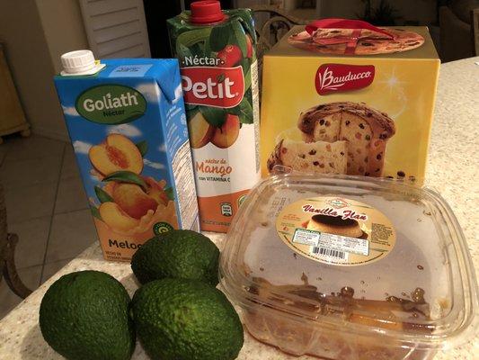 Some of items picked up Today at Fresco Y Mas, Avocado, drinks, Flan, and Panettone