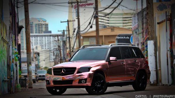 Benz Glk350 fully protected from rocks and scratches with Rose Gold Chrome removable wrap film