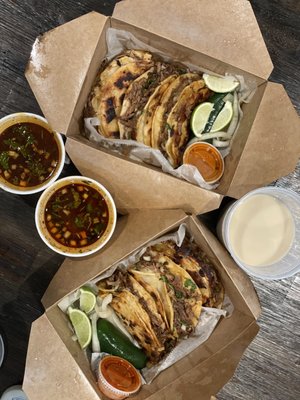 Two orders of the quesobirria with the side of consume and one order of horchata - all of it amazing