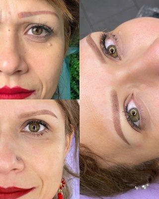 Microshaded Brow Correction by Holly - Previous Work (top left corner, not done by Hoshi), Healed Results (bottom left and right side)