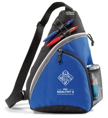 Take a look at the sling packs we made for Bisk Education's "Healthy U" employee wellness program!