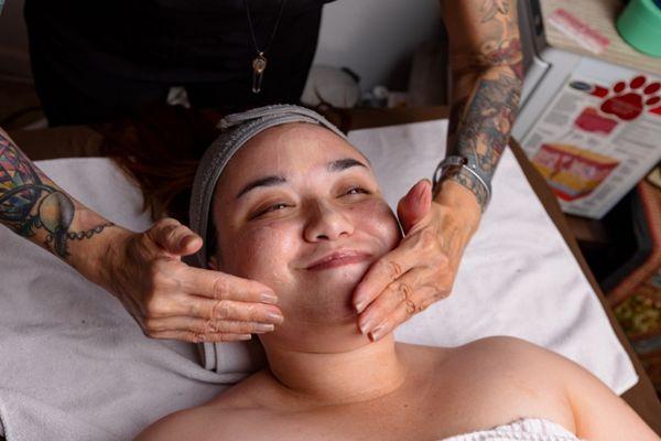 Custom facials include facial massage