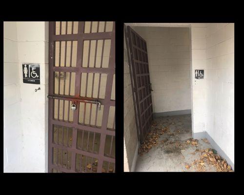 Women's restroom locked up without explanation, men's unlocked.