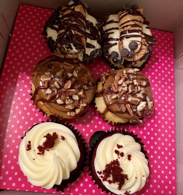 Cannoli Cupcake, Caramel Turtle Cupcake, and Red Velvet Cupcake