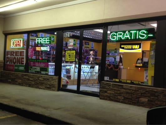 Storefront at night.