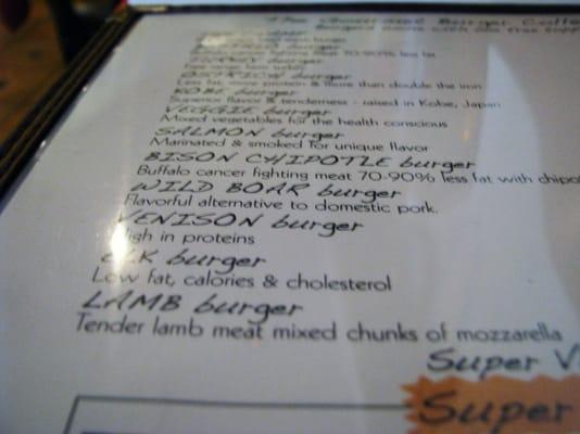 The menu of delicious animal burgers! Mmm!