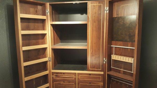 Custom reclaimed Walnut armoire with Elm inlays.