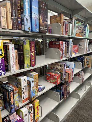 Shelves of board games.