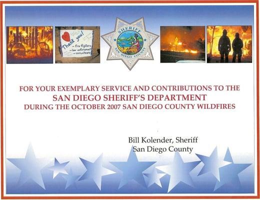 San Diego Sherriff Commendation