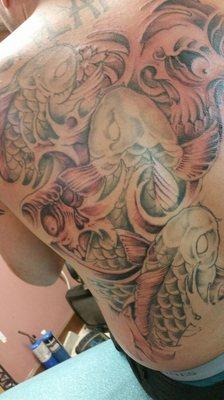 Freehand koi and skull backpiece..no stencils