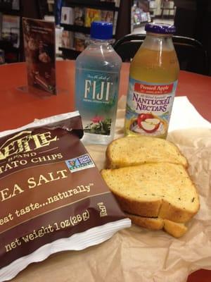 Turkey Chipotle Panni, Kettle SeaSalt Chips, Nantucket Apple Juice, Fiji Water.