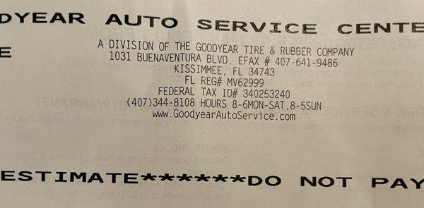 Location of corrupt Goodyear. 1031 Buenaventura Blvd, Kissimmee, FL 34743.