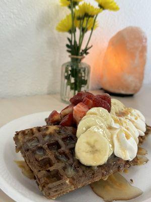 Strawberry and banana protein waffles.