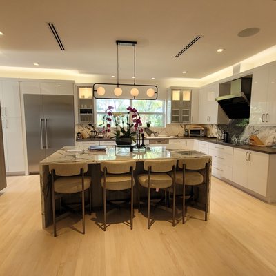 Acrylic White Cabinets combined with Textured Melamine Cabinets