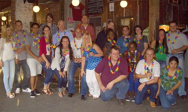 Our team during a recent "Hawaiian Lei Outing" at the Barcade in Northern Liberties.