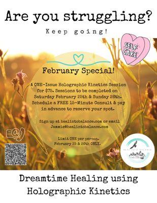 Introductory February Special! Discounted rate to look at ONE issue during session on February 25th and 26th. Jammie@healintobalance.com