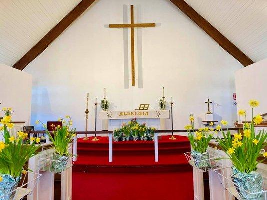 The church altar at St. Mark's decorated for Easter Sunday.