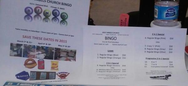 Flyer showing upcoming dates and games listing 3/21/15 @ Holy Angels Saturday Bingo.