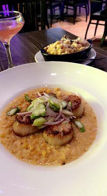 Scallops on creamed corn. Added a side of Mac and cheese. (Does not come with meal)