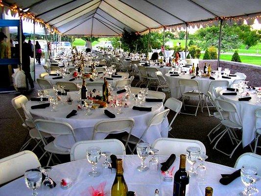 Outdoor wedding reception on patio for 175 guests.