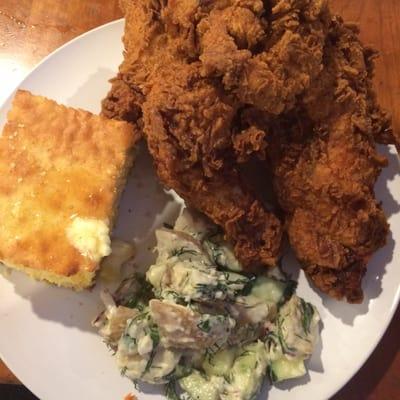 The best fried chicken you can get in the state, potato salad, and cornbread.