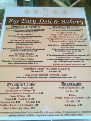 Breakfast menu at Big Easy