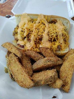 Deep fried rib poboy with potato wedges